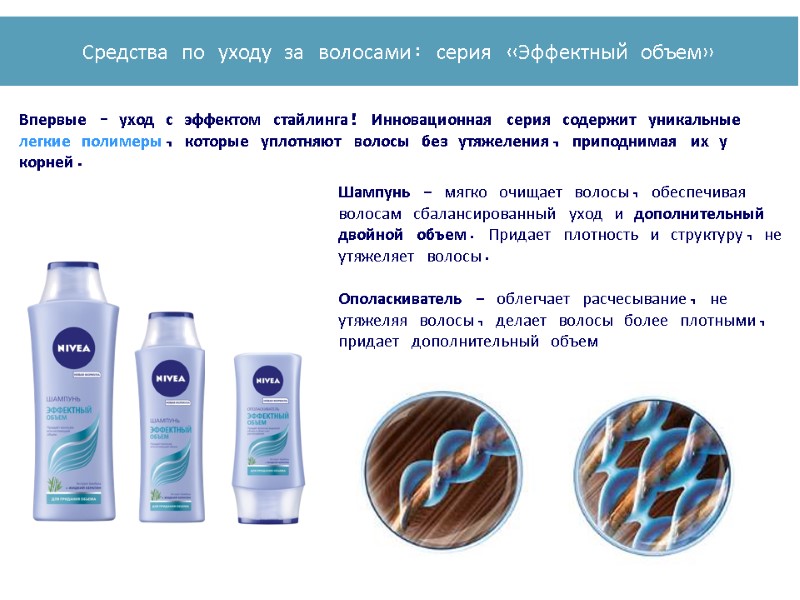 Впервые – уход с эффектом стайлинга! Инновационная серия содержит уникальные легкие полимеры, которые уплотняют